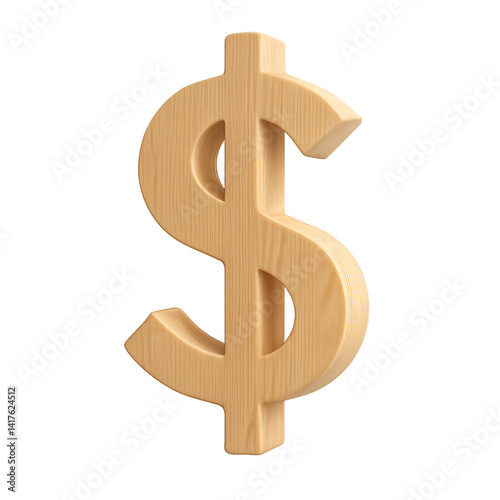 3D dollar sign crafted from light-colored natural wood planks with visible grain texture, polished smooth surface, soft warm studio lighting, transparent background, no drop shadow, no ground shadow
