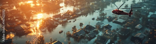Flood rescue mission from above, helicopters circling isolated homes, urgent lighting, storm aftermath, emergency relief visual, hyperrealistic, highdefinition detail