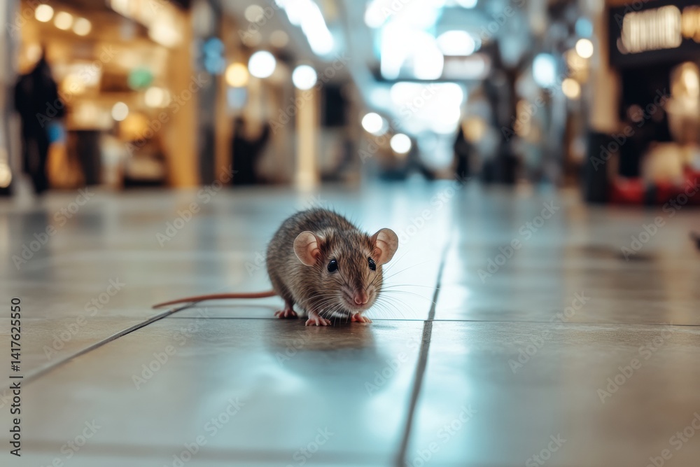 Curious rat exploring an empty shopping mall corridor with bright lights and reflections