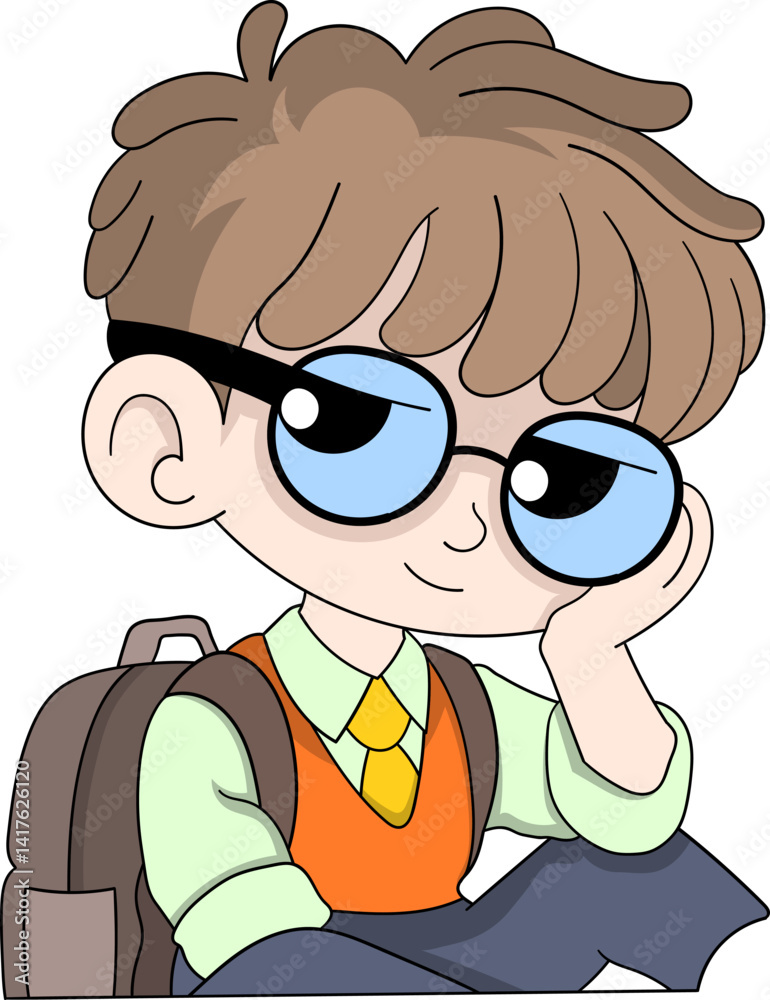 Fototapeta premium Cartoon Schoolboy with Lazy Expression Sitting with Backpack