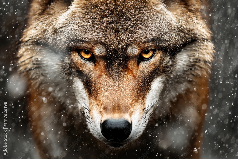 Fototapeta premium Intense Portrait of a Wolf with Striking Eyes in Snowy Background
