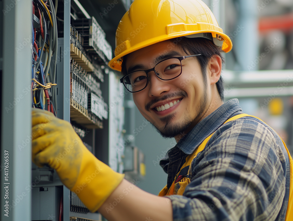 Smiling electrician wearing yellow hard hat and gloves, working on electrical equipment. His cheerful demeanor reflects confidence and expertise in his field Smiling electrician wearing yellow hard hat and gloves, working on electrical equipment. His cheerful demeanor reflects confidence and expertise in his field