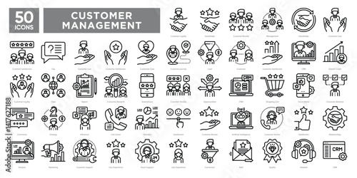 Customer relationship management icons collection set, featuring support, loyalty, analytics, communication, and user experience. Ideal for CRM systems, marketing, and business tools.