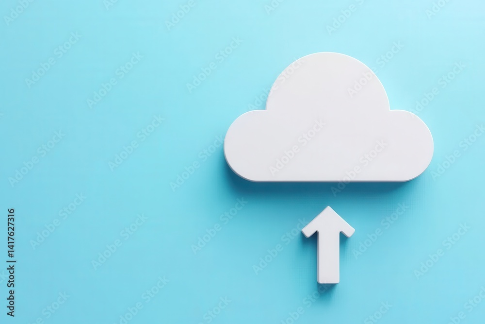 White cloud symbol with upward arrow on blue pastel background White cloud symbol with upward arrow on blue pastel background