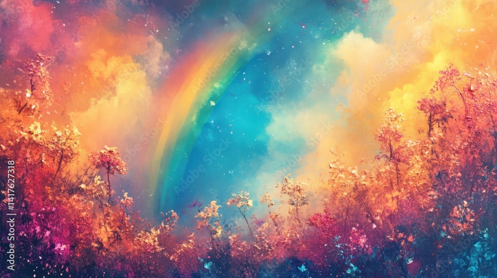 Naklejka premium Vibrant Colors of Nature with Rainbow Arcing Across a Dreamy Sky in a Serene Landscape