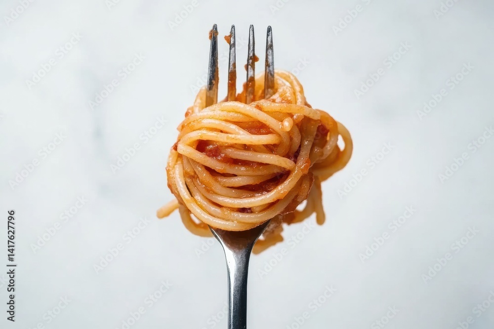 Close-up of spaghetti on fork twirled with tomato sauce against white background