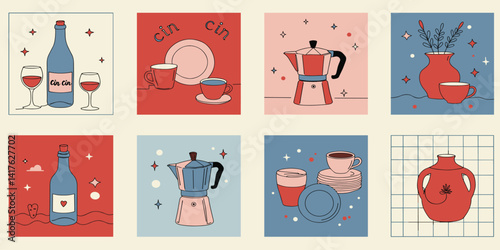 Set of hand drawn vintage posters in dolce vita style. Whimsical drawings of wine, coffee, pastries and flowers. Breakfast, lunch, dinner concept.
