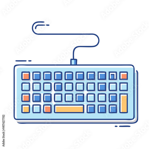 Stylized illustration of a computer keyboard with cable and colorful keys