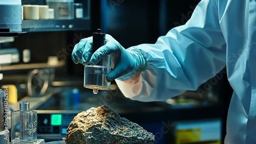 Scientist Analyzing Rock Sample in Laboratory Setting