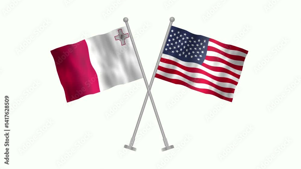 Flag of Malta and USA, Cross table flag of Malta and USA on white screen, Malta and USA 3D Animation flag waving in the wind isolated on white Background. 
