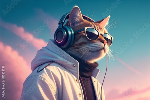 Generative AI illustration of fantasy character with cat head in sunglasses and headphones wearing white jacket listening to music against pink and blue background