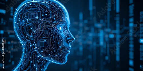 AI - Artificial intelligence. Robotics concept. Half human, half robot face with digital circuits and glowing neural nodes, semi-realistic style, right side of the image is empty for