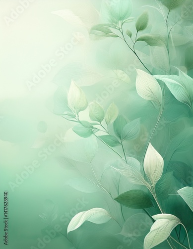 Fondo unicolor verde pastel con plantas semitransparentes encima, estilo japonés
