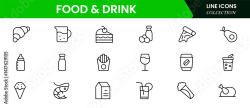 Food and drink web icons in line style. Meal, restaurant, dishes, fruits, fast food, burger, pizza, coffee, sandwich, collection. Vector illustration.