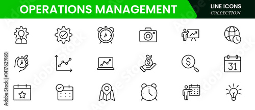 Operations management icon set. Containing production, logistics, supply chain, manufacturing, planning, inventory management, strategy, customer satisfaction, and cost icons