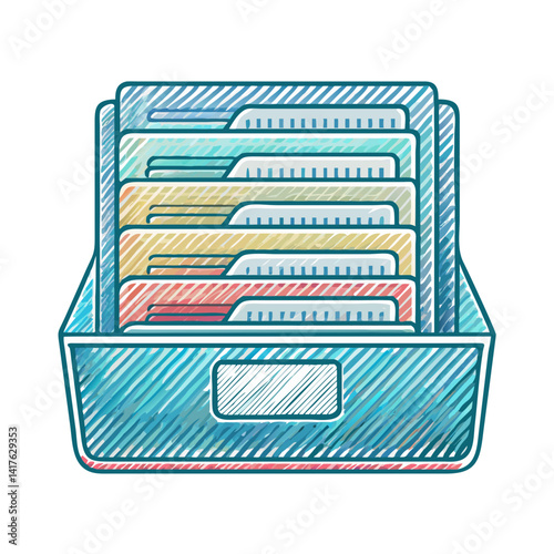 A colorful illustration of a file cabinet filled with documents and files
