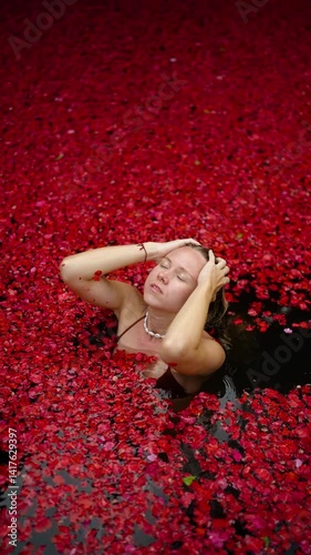 Chill and relax in the flower bath in spa, many petals in the pool. Relaxation and recreation. Woman taking beauty procedure. Vertical shot