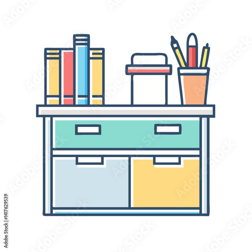 Organized Desk with Books, Storage, and Writing Utensils in a Neat Style