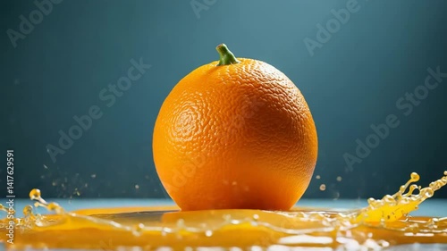 Orange being crushed slowly by invisible force, juice and peel exploding like a flower.