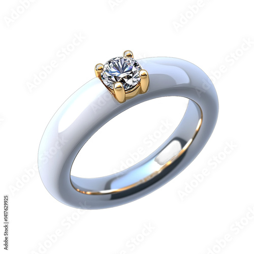 Silver wedding ring with diamond. Jewelry icon. 3d rendering isolated on white background. Cartoon plastic style