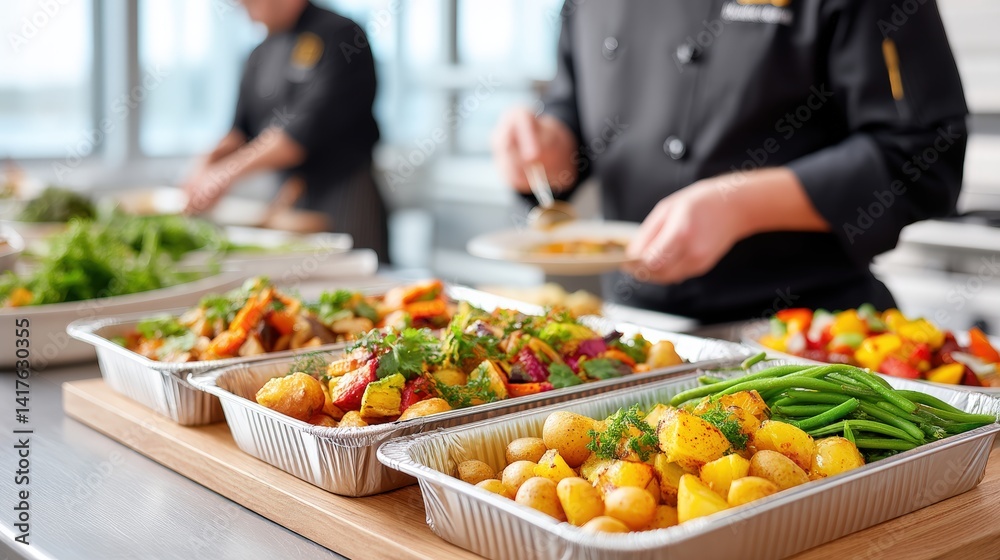 Obraz premium A vibrant display of freshly cooked dishes being prepared by chefs in a modern kitchen, showcasing a variety of colorful vegetables and ingredients.