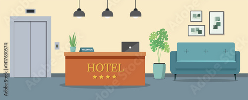 Hotel lobby with reception. Empty hotel indoor. Vector stock