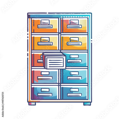 Cartoon Filing Cabinet with Colorful Drawers and One Open Document