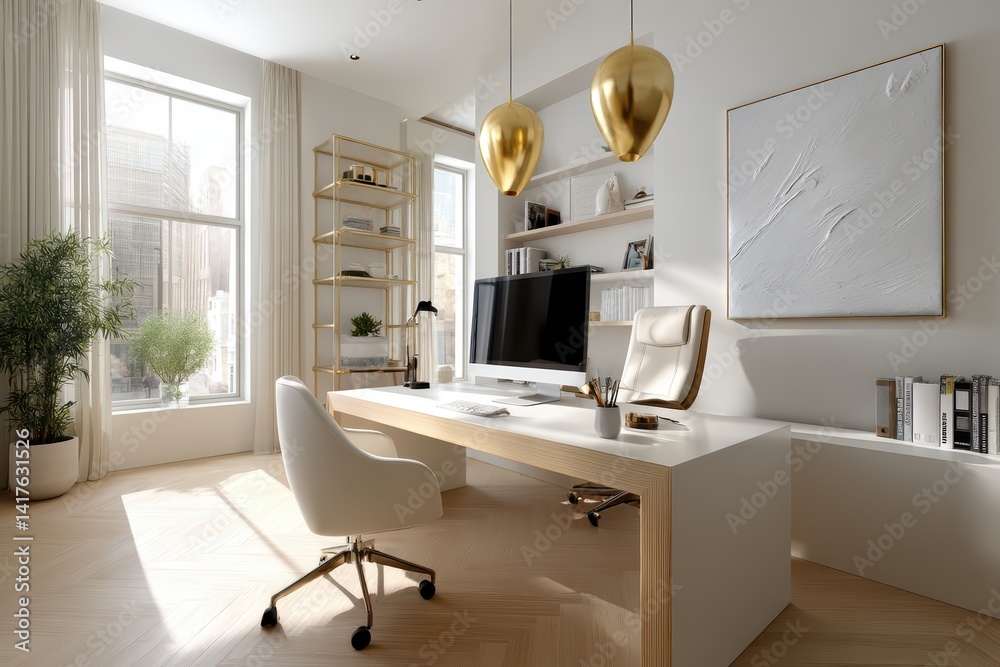 Modern minimalist office with white desk and wooden elements featuring pendant light and indoor plants Modern minimalist office with white desk and wooden elements featuring pendant light and indoor plants