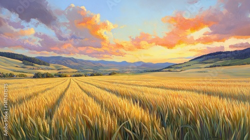 Golden wheat field sunset valley vista