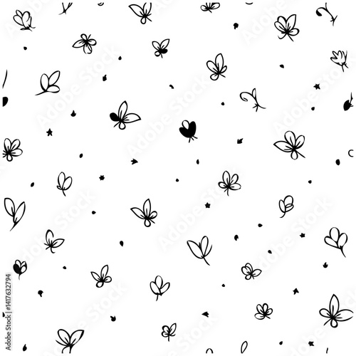 Whimsical Leaf and Dot Pattern, Monochrome Minimal