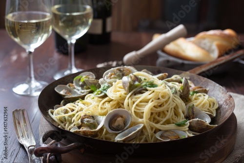 Wallpaper Mural Spaghetti alle vongole (clam pasta) served in a rustic Italian setting Torontodigital.ca