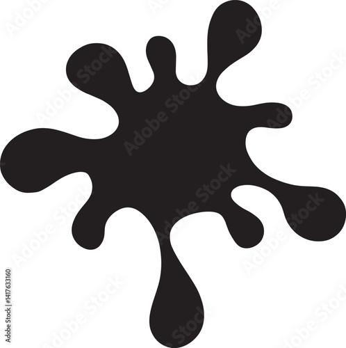 Black ink splatter isolated on white background, abstract paint drop shape for artistic or grunge design.
