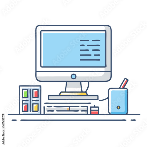 Cartoon illustration of a computer desktop workstation with various peripherals and accessories