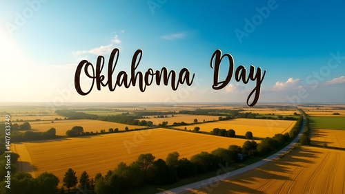 Aerial View of Oklahoma Farmland with “Oklahoma Day” Sky Text
