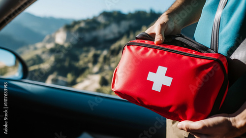 Person holding a red first aid kit in nature setting Generative AI