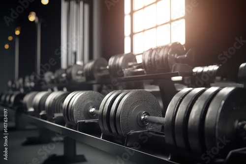 Neatly Arranged Dumbbell Racks in Gym with Metal Texture and Dark Background