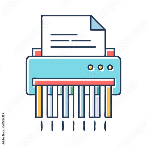Stylized vector illustration of a paper shredder and shredded documents