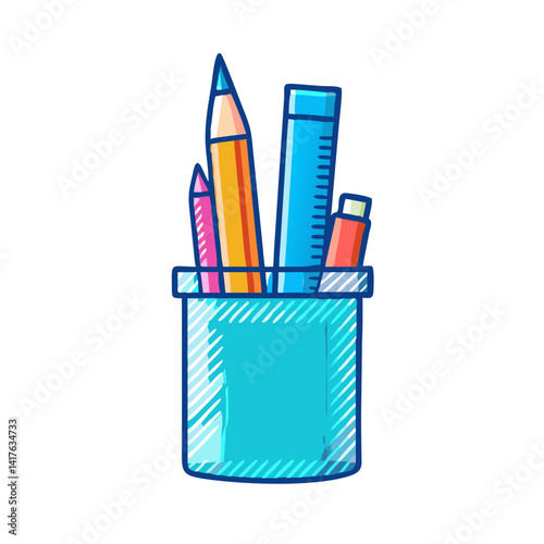 Colorful cartoon desk organizer filled with school supplies, pencils, eraser, ruler