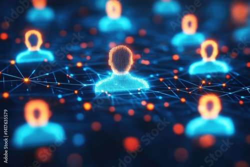 Digital network representation of human figures with glowing outlines connected through lines and dots depicting virtual communication and social interaction