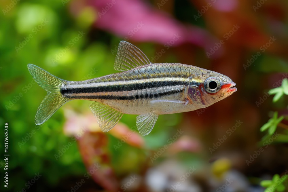 Small fish swimming with green and red plants in an aquarium, for background use Small fish swimming with green and red plants in an aquarium, for background use