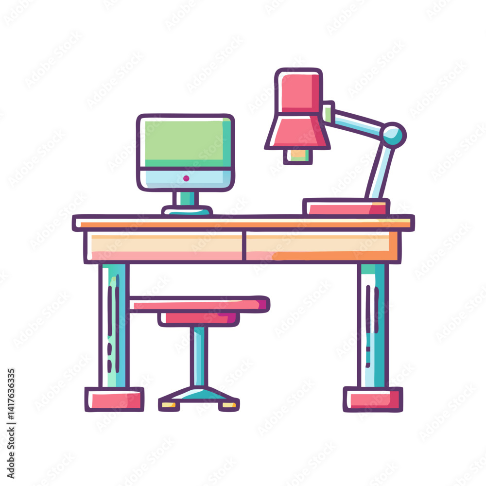 Stylized Home Office Setup with Computer, Lamp, Desk, and Small Chair Stylized Home Office Setup with Computer, Lamp, Desk, and Small Chair
