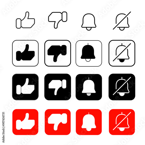 thumbs up, thumbs down, bell, bell slash icons