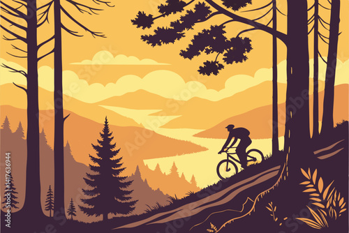 56 Scenic mountain biking, sunset landscape, forest trail, silhouette cyclist, pine trees, golden sky, distant mountains, serene wilderness, digital illustration, vibrant colors, atmospheric lighting,