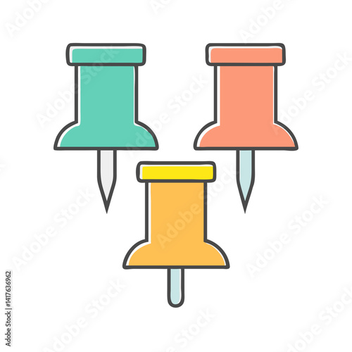 Three Colorful Cartoon Push Pins Arranged in a Simple Design