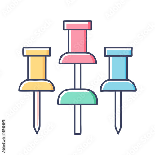 Colorful cartoon thumbtacks in yellow, pink, and blue with soft shadows, vector illustration