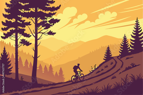 56 Scenic mountain biking, sunset landscape, forest trail, silhouette cyclist, pine trees, golden sky, distant mountains, serene wilderness, digital illustration, vibrant colors, atmospheric lighting,