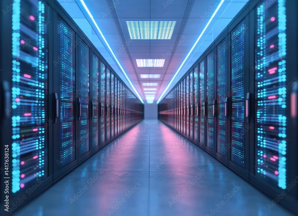 Fototapeta premium Futuristic Data Center with Blue and Pink Lighting Effects