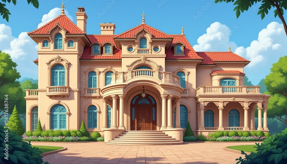 Fototapeta premium Elegant mansion with intricate architectural details, including balconies, columns, and a red tile roof, set against a clear sky and lush greenery.