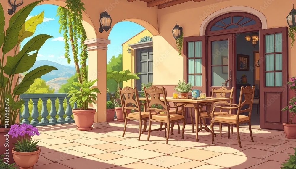 Fototapeta premium Sunlit patio scene with dining table, chairs, and vibrant potted plants. A peaceful outdoor setting that invites relaxation and enjoyment.