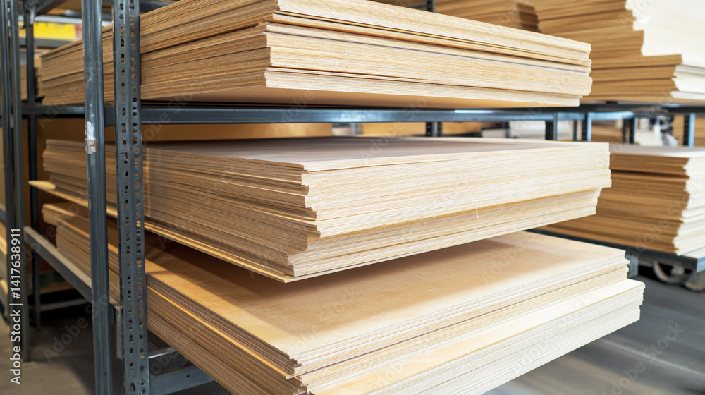 Stacks of plywood sheets neatly organized on metal racks Generative AI Stacks of plywood sheets neatly organized on metal racks Generative AI